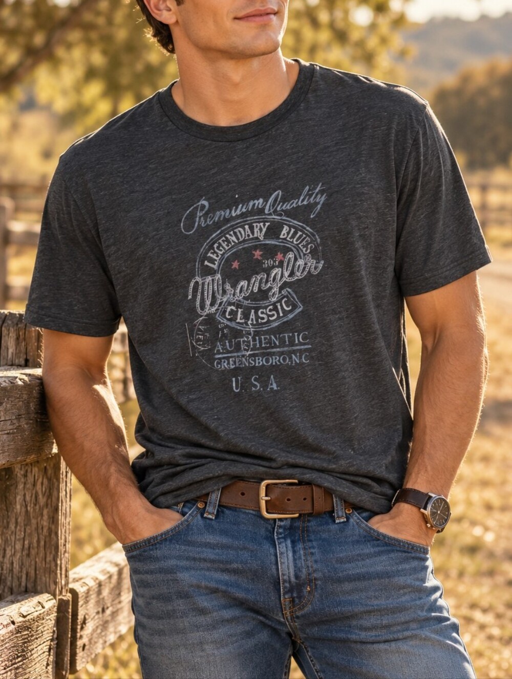 Wrangler Men's Dark Gray Vintage Logo Graphic Tee Cotton Blend Western Casual